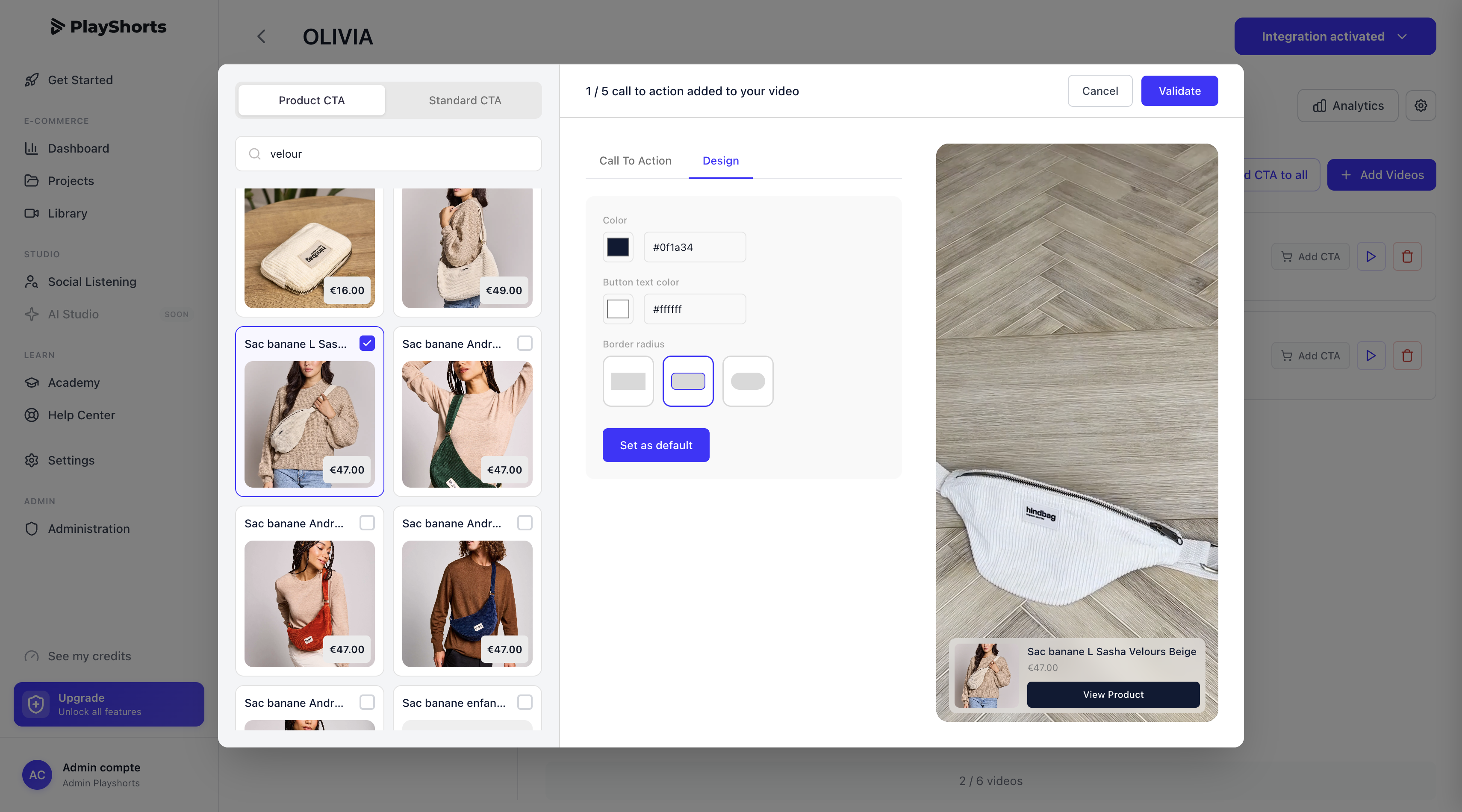 création de CTA shoppable vidéo